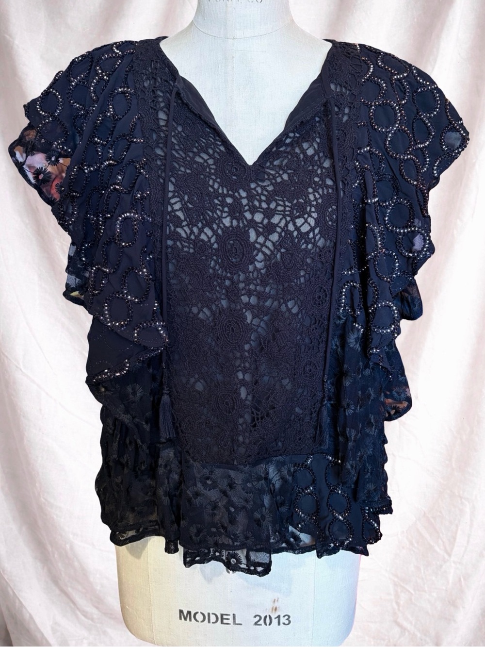 Anthropologie Verb Allyson Lace Blouse XL Black Crochet Sequin Boho Top